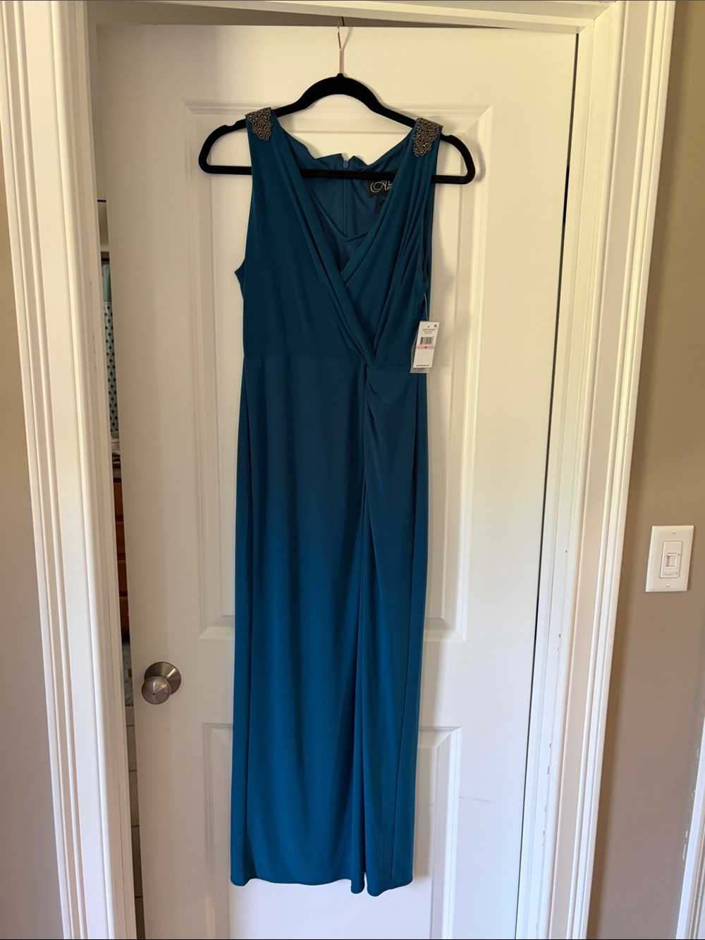 Alex Evenings Teal Sleeveless Wrap Gown with Beaded Shoulders
